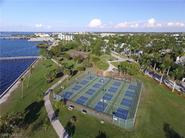 birds eye view of property featuring a water view