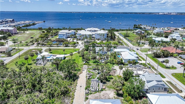 drone / aerial view with a water view