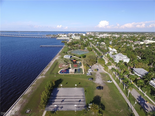 bird's eye view with a water view