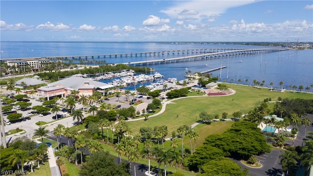 drone / aerial view featuring a water view