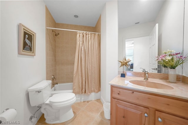 full bathroom featuring vanity, shower / bath combination with curtain, tile flooring, and toilet