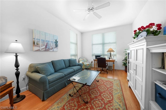 living room with ceiling fan and light wood-type flooring