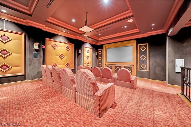 home theater with a tray ceiling