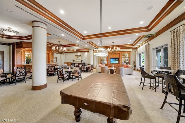 rec room with light carpet, an inviting chandelier, decorative columns, and crown molding