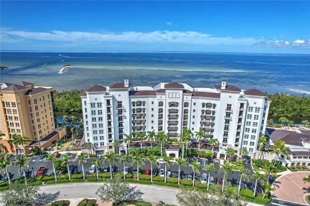 drone / aerial view with a water view