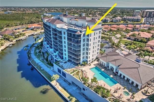 drone / aerial view with a water view