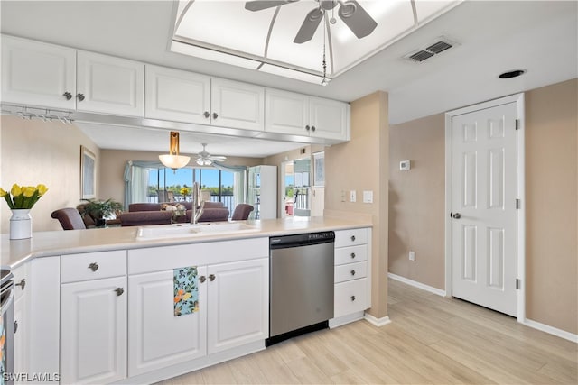 kitchen featuring dishwasher, ceiling fan, white cabinetry, light wood-type flooring, and sink