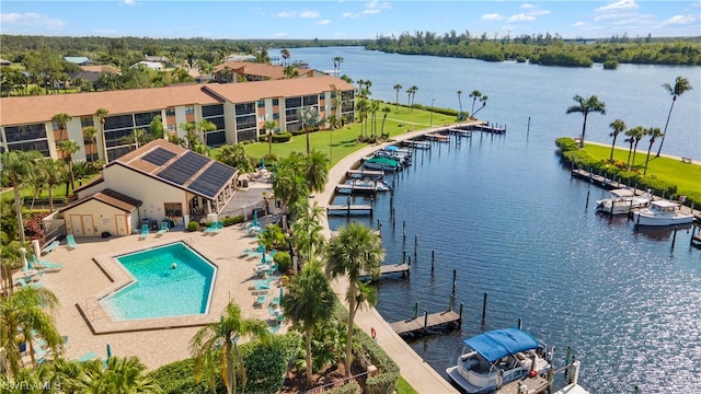 drone / aerial view with a water view