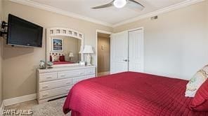 6672 Estero Blvd Unit A907, Fort Myers Beach, FL 33931 - bedroom with crown molding and ceiling fan
