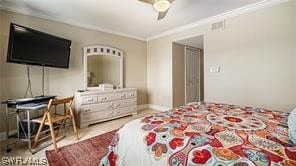 6672 Estero Blvd Unit A907, Fort Myers Beach, FL 33931 - bedroom with ceiling fan and ornamental molding