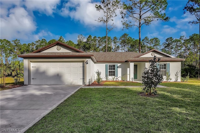 ranch-style home featuring a front lawn and a garage