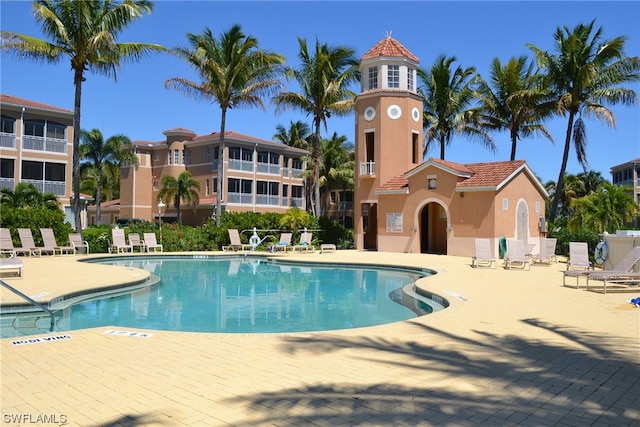 view of swimming pool with a patio