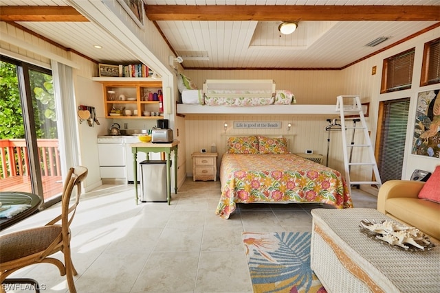 bedroom with beamed ceiling, wooden ceiling, light tile patterned floors, and a skylight