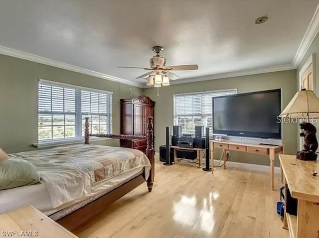 bedroom featuring ornamental molding, ceiling fan, and light hardwood / wood-style flooring