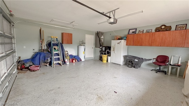 garage with white fridge with ice dispenser, electric water heater, and a garage door opener