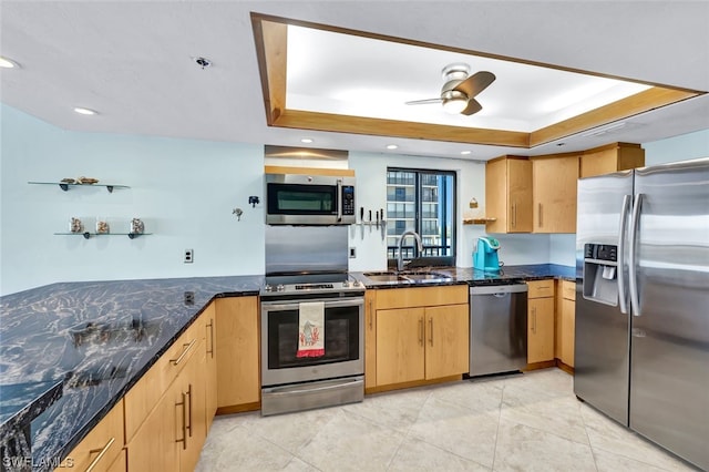 kitchen with dark stone counters, stainless steel appliances, a tray ceiling, and sink