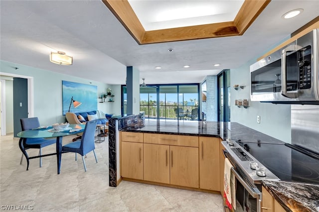 kitchen with light brown cabinetry, appliances with stainless steel finishes, and dark stone counters