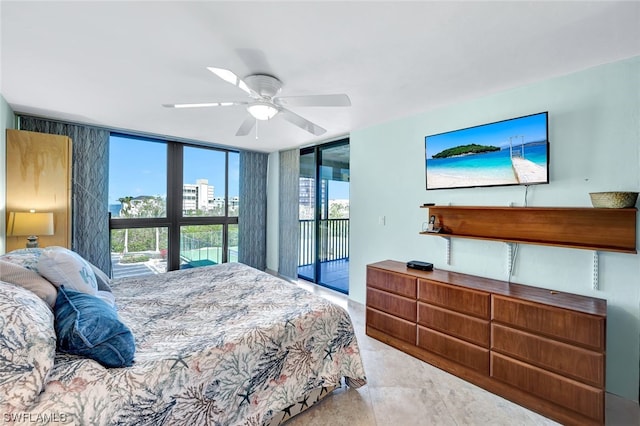 tiled bedroom with ceiling fan, floor to ceiling windows, and access to outside