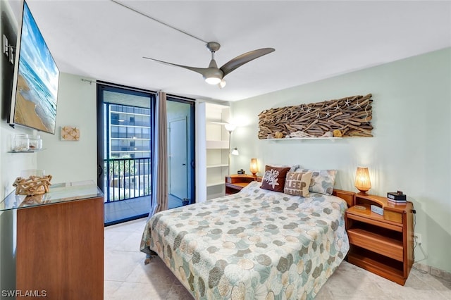 bedroom with access to exterior, ceiling fan, floor to ceiling windows, and light tile patterned flooring