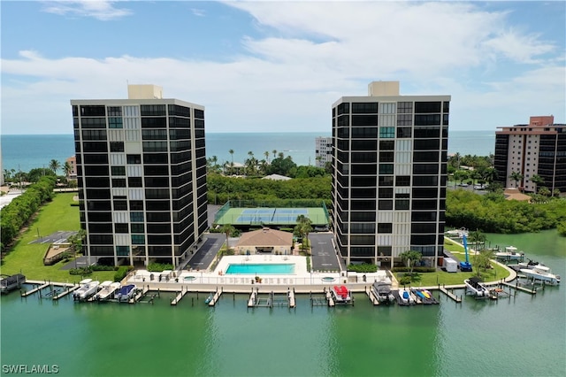 exterior space with a water view