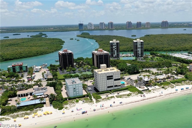 aerial view with a view of the beach and a water view