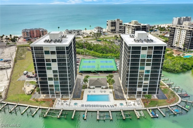 drone / aerial view with a water view