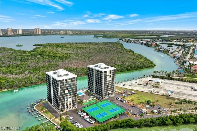 birds eye view of property featuring a water view