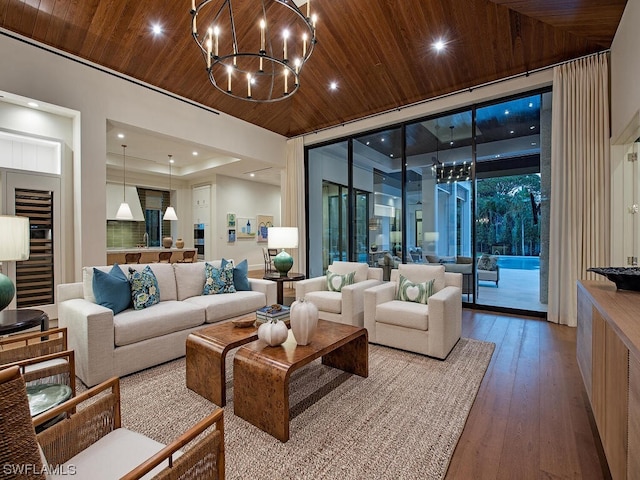 living room with wooden ceiling, wood-type flooring, and a chandelier