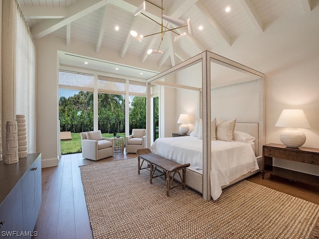 bedroom with an inviting chandelier, wood-type flooring, vaulted ceiling with beams, and access to outside