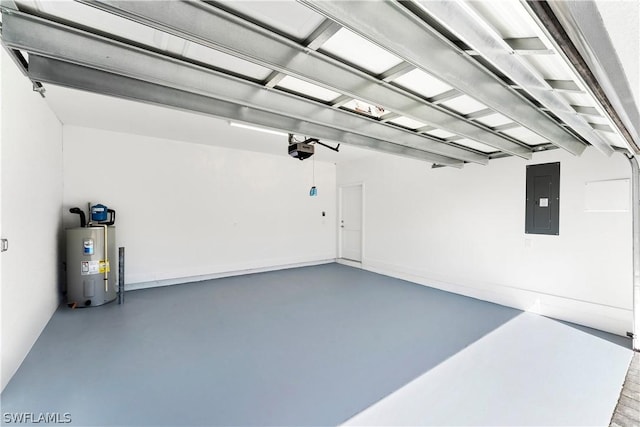 garage featuring electric water heater, electric panel, and a garage door opener