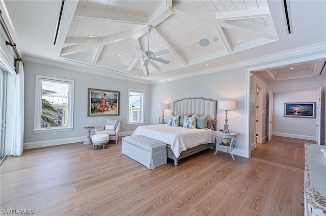 bedroom featuring crown molding, vaulted ceiling with beams, ceiling fan, and light hardwood / wood-style floors