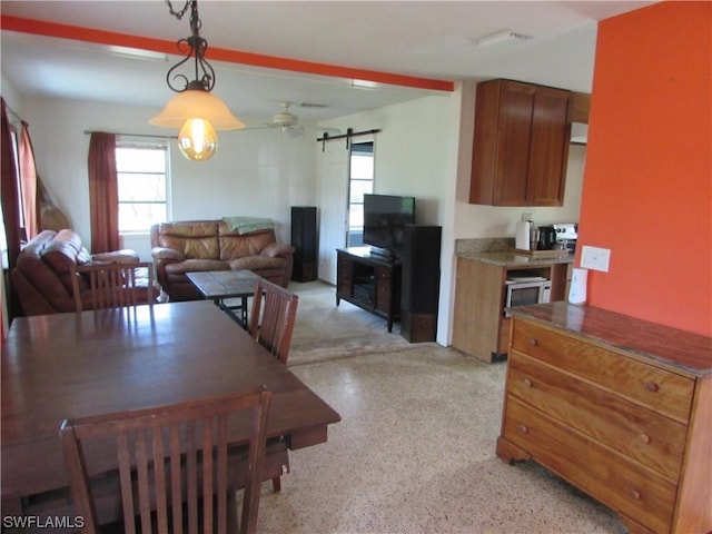 dining space with a healthy amount of sunlight and a barn door