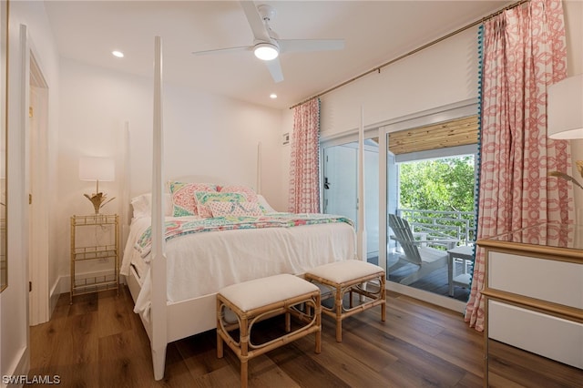 bedroom with access to outside, ceiling fan, and dark wood-type flooring