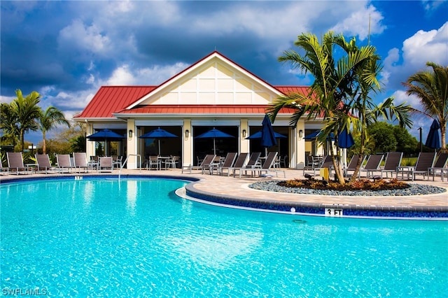 view of swimming pool with a patio