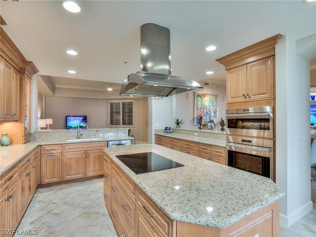 kitchen featuring a center island, kitchen peninsula, island exhaust hood, stainless steel appliances, and light stone countertops