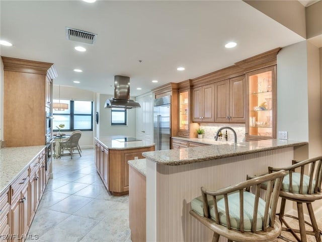 kitchen with stainless steel appliances, a kitchen breakfast bar, light stone counters, island exhaust hood, and kitchen peninsula