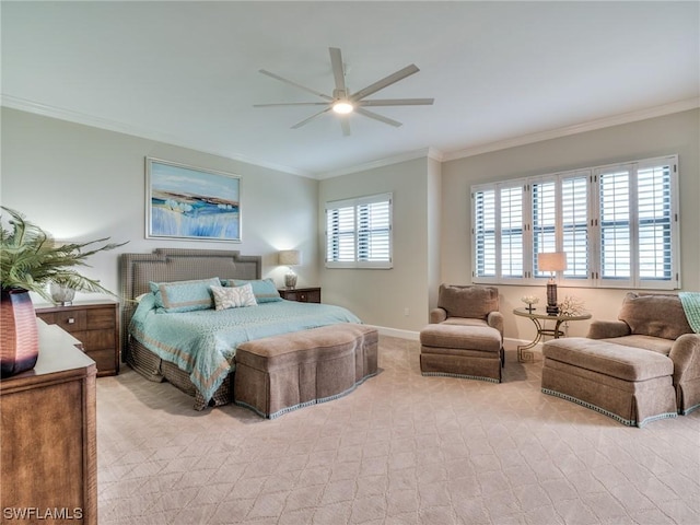 carpeted bedroom featuring crown molding, ceiling fan, and multiple windows