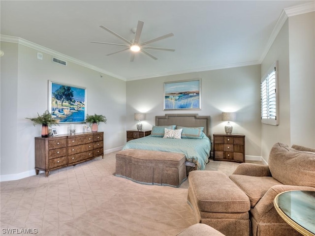 bedroom with crown molding, ceiling fan, and light carpet