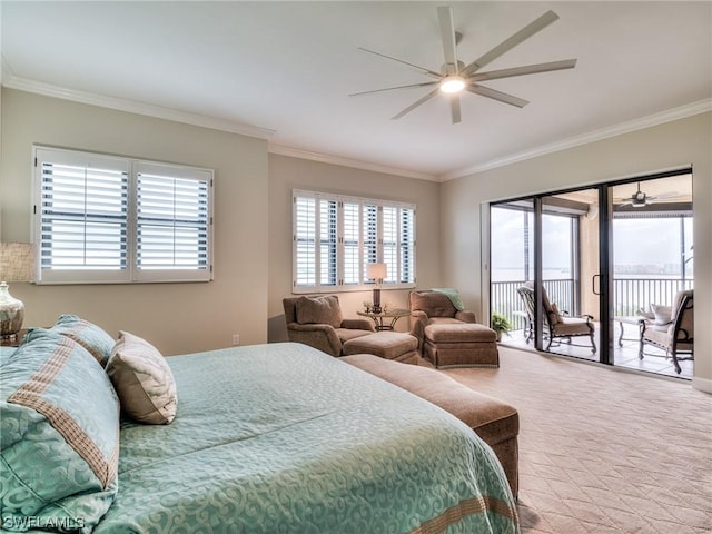 bedroom featuring access to outside, ornamental molding, and ceiling fan