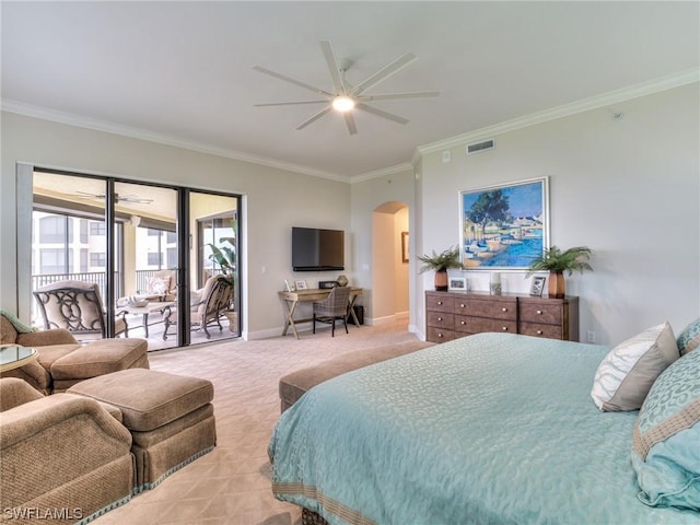 bedroom featuring ceiling fan, ornamental molding, access to exterior, and light carpet