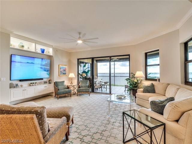 living room featuring light carpet, crown molding, and ceiling fan