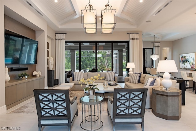 living room with lofted ceiling, visible vents, recessed lighting, and an inviting chandelier