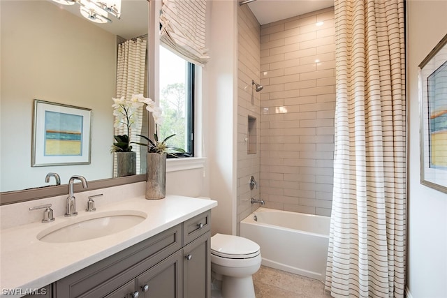 full bath with toilet, vanity, and shower / bathtub combination with curtain