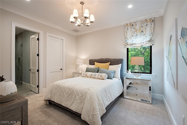 carpeted bedroom featuring baseboards, visible vents, crown molding, and an inviting chandelier