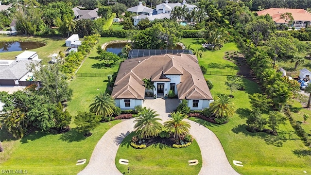 drone / aerial view featuring a water view