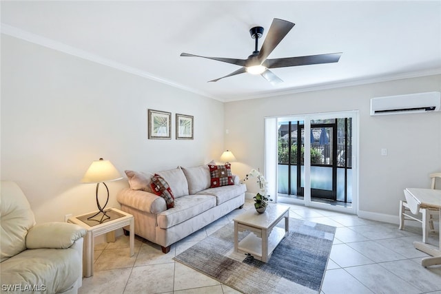 tiled living room featuring french doors, ornamental molding, ceiling fan, and an AC wall unit