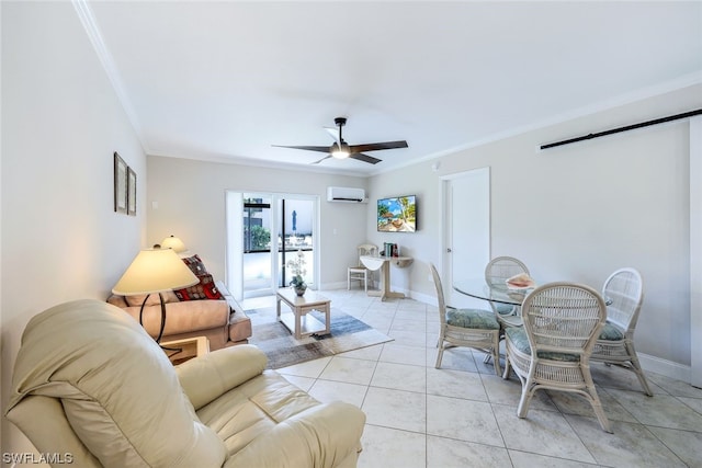 tiled living room with crown molding, ceiling fan, and a wall unit AC