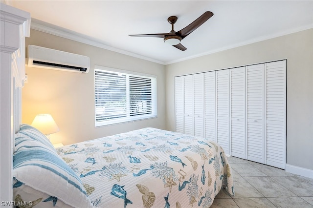 bedroom featuring light tile floors, ceiling fan, ornamental molding, a closet, and a wall mounted air conditioner