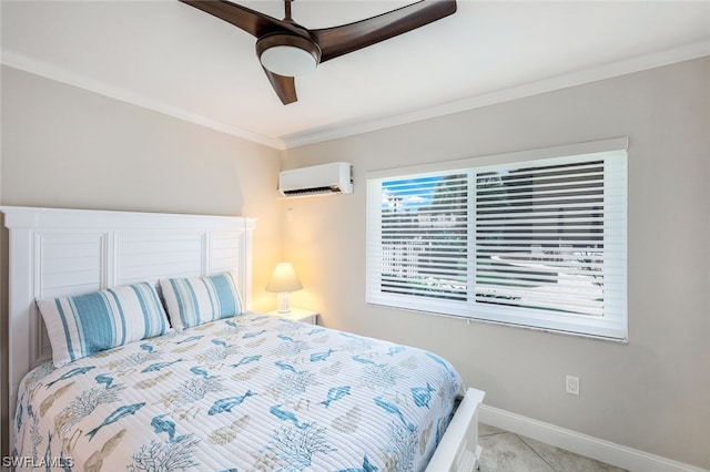 tiled bedroom with ornamental molding, ceiling fan, and a wall mounted AC