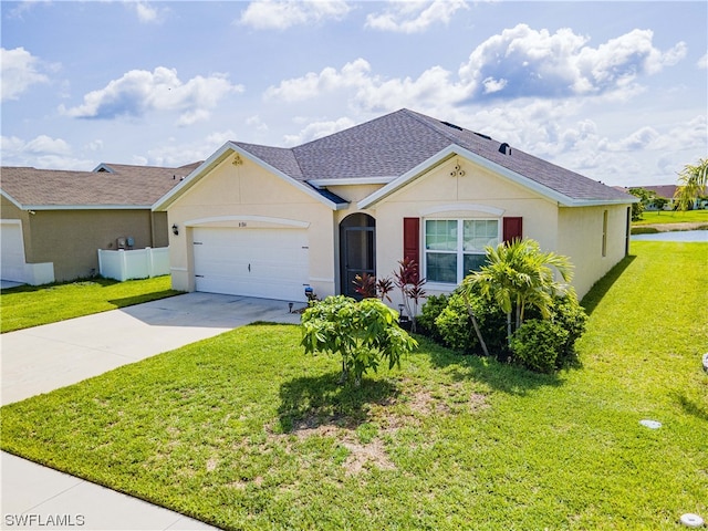 single story home with a front yard and a garage